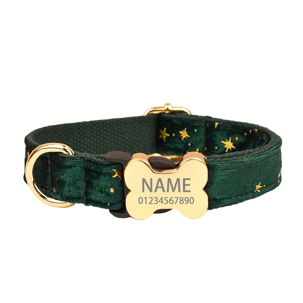 Personalized Cute Green Star Feather Pet Collar with Metal Bone Buckle, Customizable Name and Phone Number ID Tag for Large/Medium/Small Dogs - Soft, Comfortable, Adjustable & Durable Accessory - The Perfect Gift for Your Pet