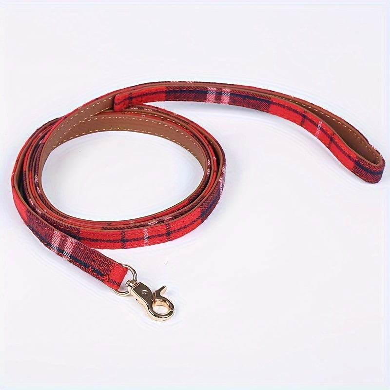 Plaid Leather Dog Collar Set with Bandana and Bowtie, Adjustable Pet Collar with Leash and Bell for Small to Medium Dogs and Cats, Machine Washable