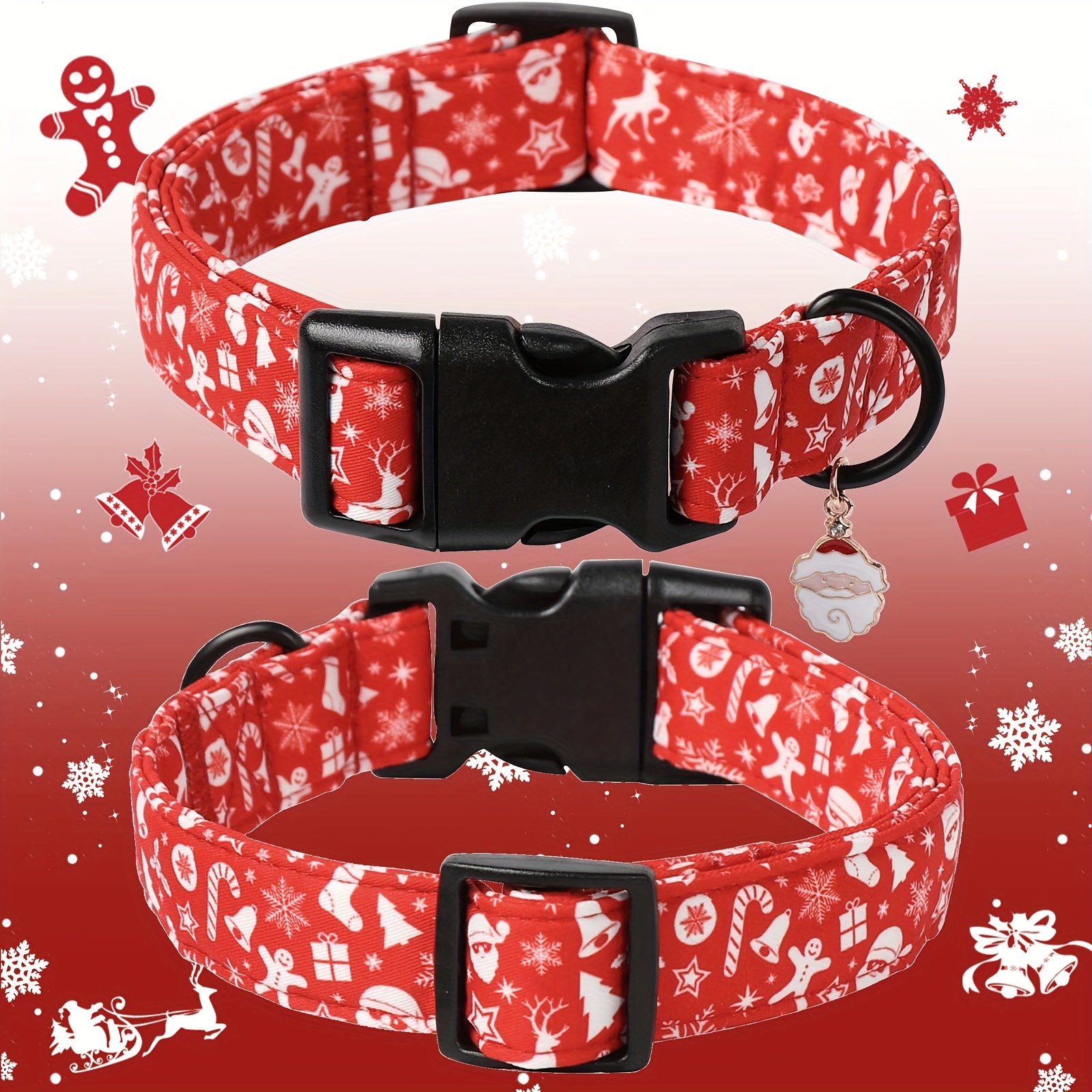 Festive Christmas Dog Collar with Santa & Snowman Prints - Adjustable, Soft Cotton Pet Collar for Small to Large Breeds - Includes D-Ring for Leash Attachment