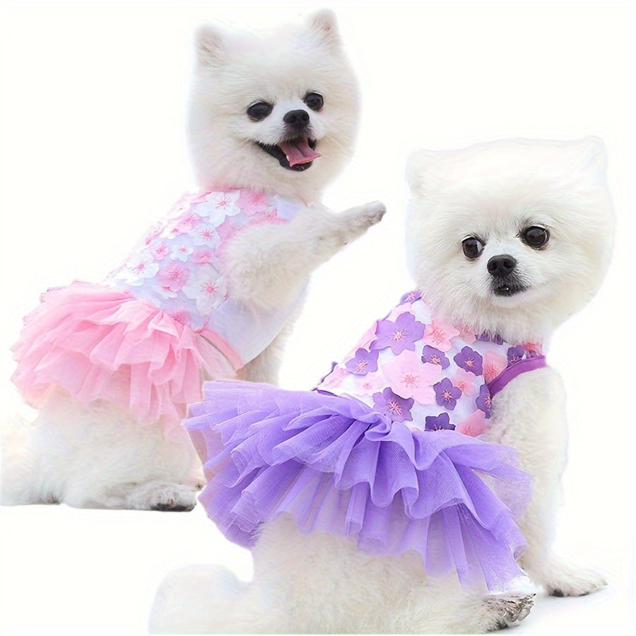 Small Breeds Floral 3D Flower Design Pullover Dog Dress - Woven Polyester, Breathable, Lightweight Pet Apparel for Toy & Mini Dogs, Cats, Pet Fashion Accessories
