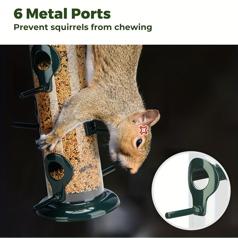 1pc Deluxe Chew-Proof Metal Bird Feeder - Extra Thick Tube, 6 Port, Steel Hanger, Weather & Water Resistant, Durable Outdoor Hanging Feeder for Attracting Birds - 15in