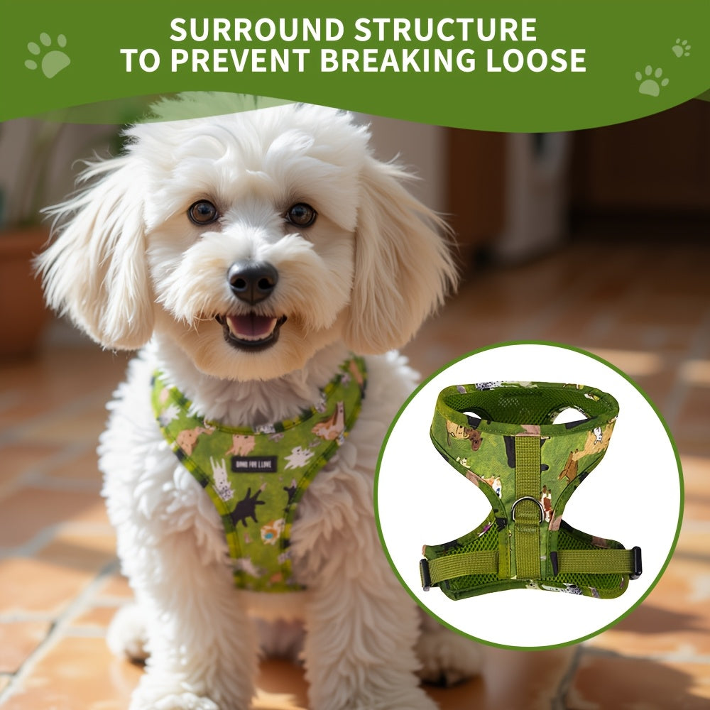 6pcs Forest Animal Print Dog Walking Set, Adjustable Pet Harness, 4ft Leash, Collar, Bowtie, Bandana, and Waste Bag Dispenser for Small to Large Dogs, Polyester Fiber, Without Battery