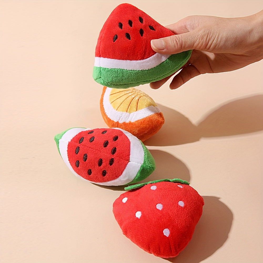4pcs Fruit & Veggie Plush Squeaky Dog Toys - Strawberry, Lollipop, Star, Donut Designs - Soft Fabric Chew & Teething Toys for Small Breeds - Interactive Playtime Companions for Cats & Dogs, Pet Toys