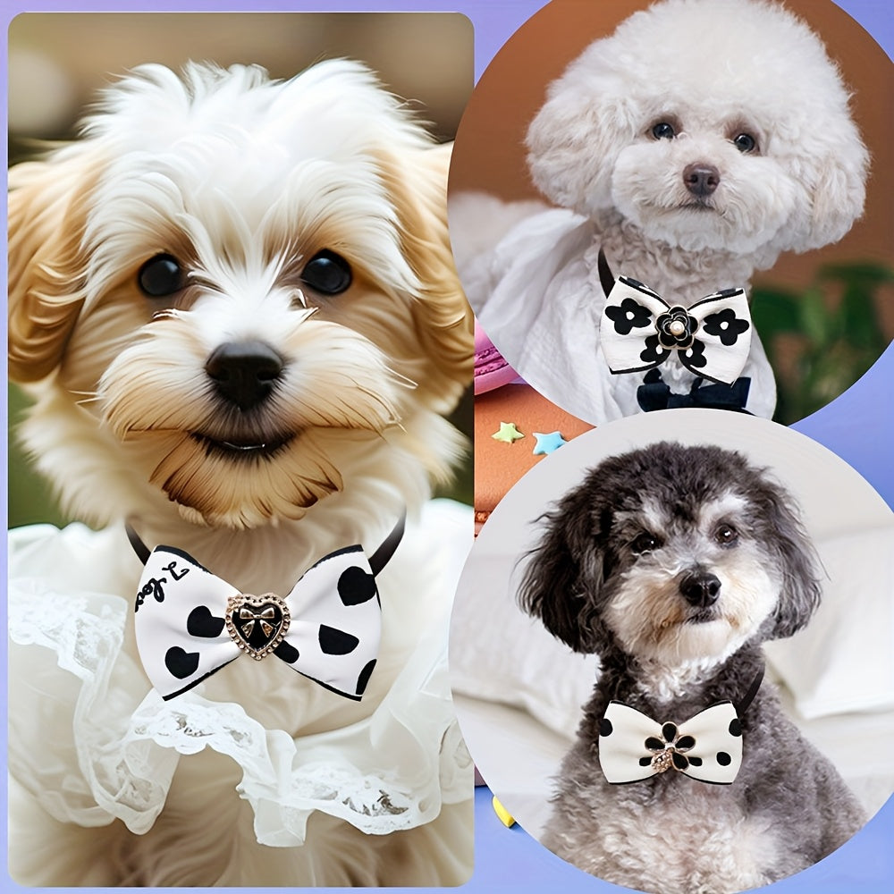 20pcs Luxury Adjustable Dog Bowties - Black & White Floral dog collars with adjustable Strap, Elegant Pet Accessories for Small Dogs, Cats - Perfect for Weddings, Parties, Photo Shoots - Easy-to-Wear Formal & Everyday Outfits