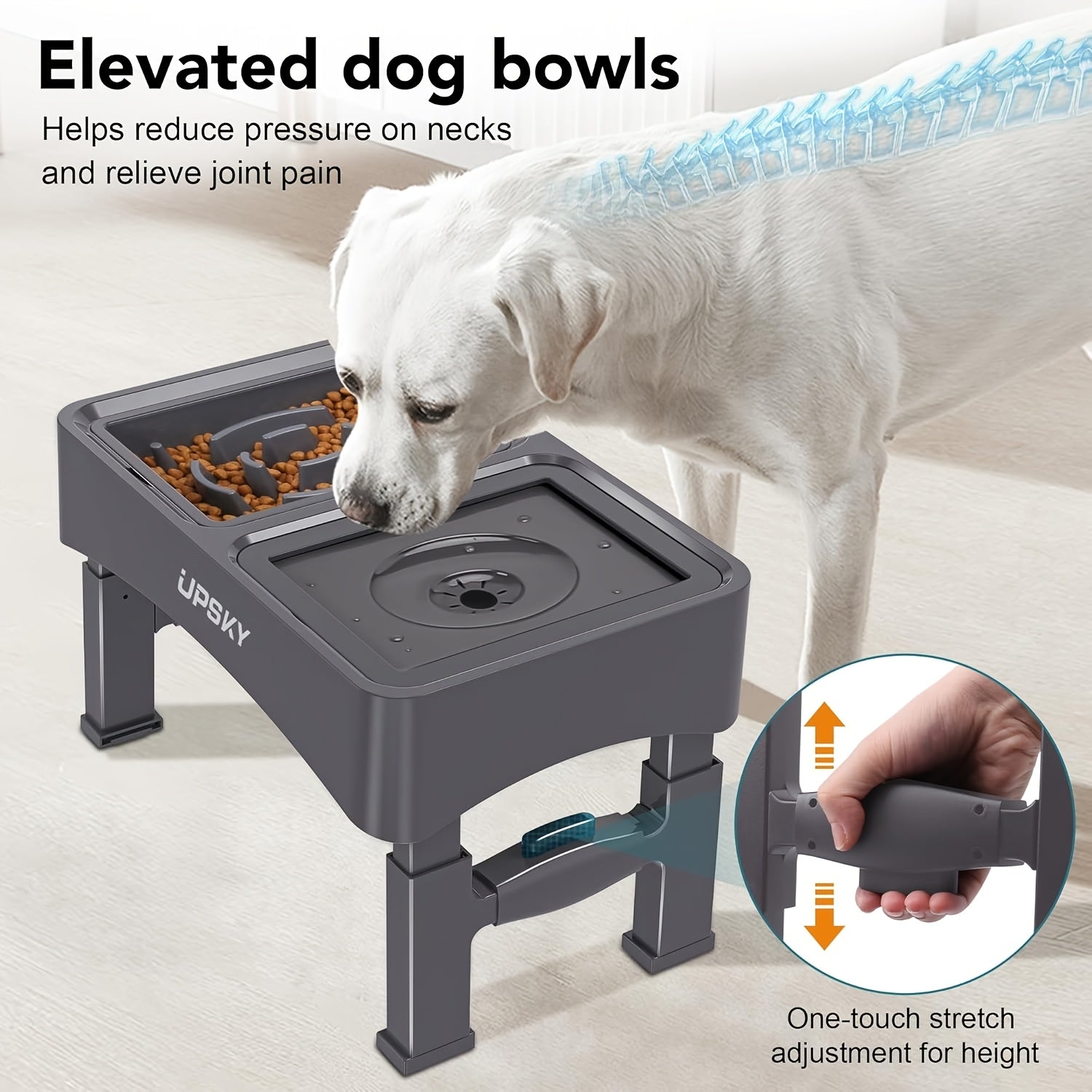 4-Height Adjustable Elevated Pet Feeding Station - Stainless Steel Food Bowls, Slow Feeder & No-Spill Water Bowl Set for Medium & Large Dogs - Neck Protection