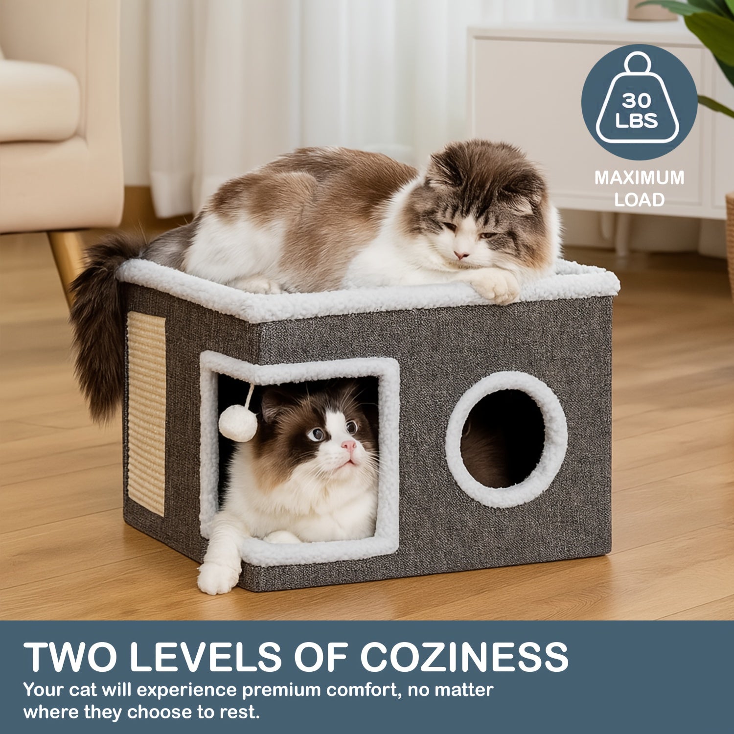 Luxury Multi-Level Cat House - 2-Tier Bed & Play Cube with Toy Tunnel, Foldable Sofa, Climbing Rope & Soft Cushions - Durable Nylon Frame & Weatherproof Canvas Indoor/Outdoor Cat Shelter with Hanging Balls - All-Season Comfor