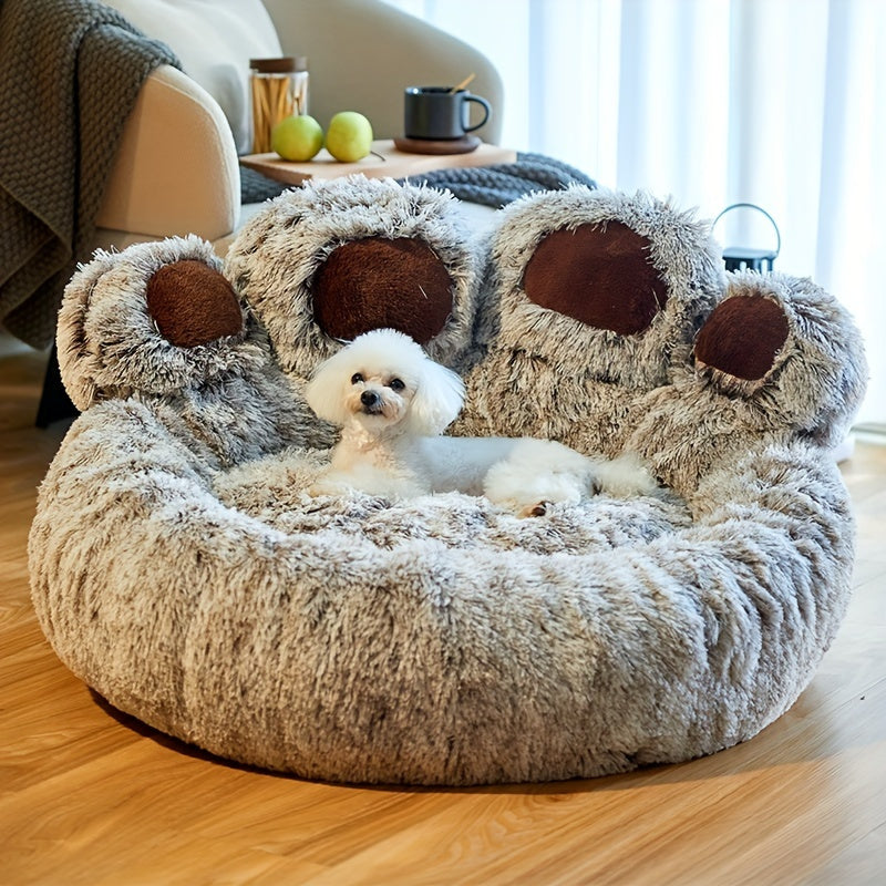 1pc Soft Plush Polyester Bear Paw Shaped Pet Bed, Calming Donut Dog Cat Cuddler Lounger, Warm Comfortable Round Pet Mat, Assembly Not Required for Cats and Small Dogs