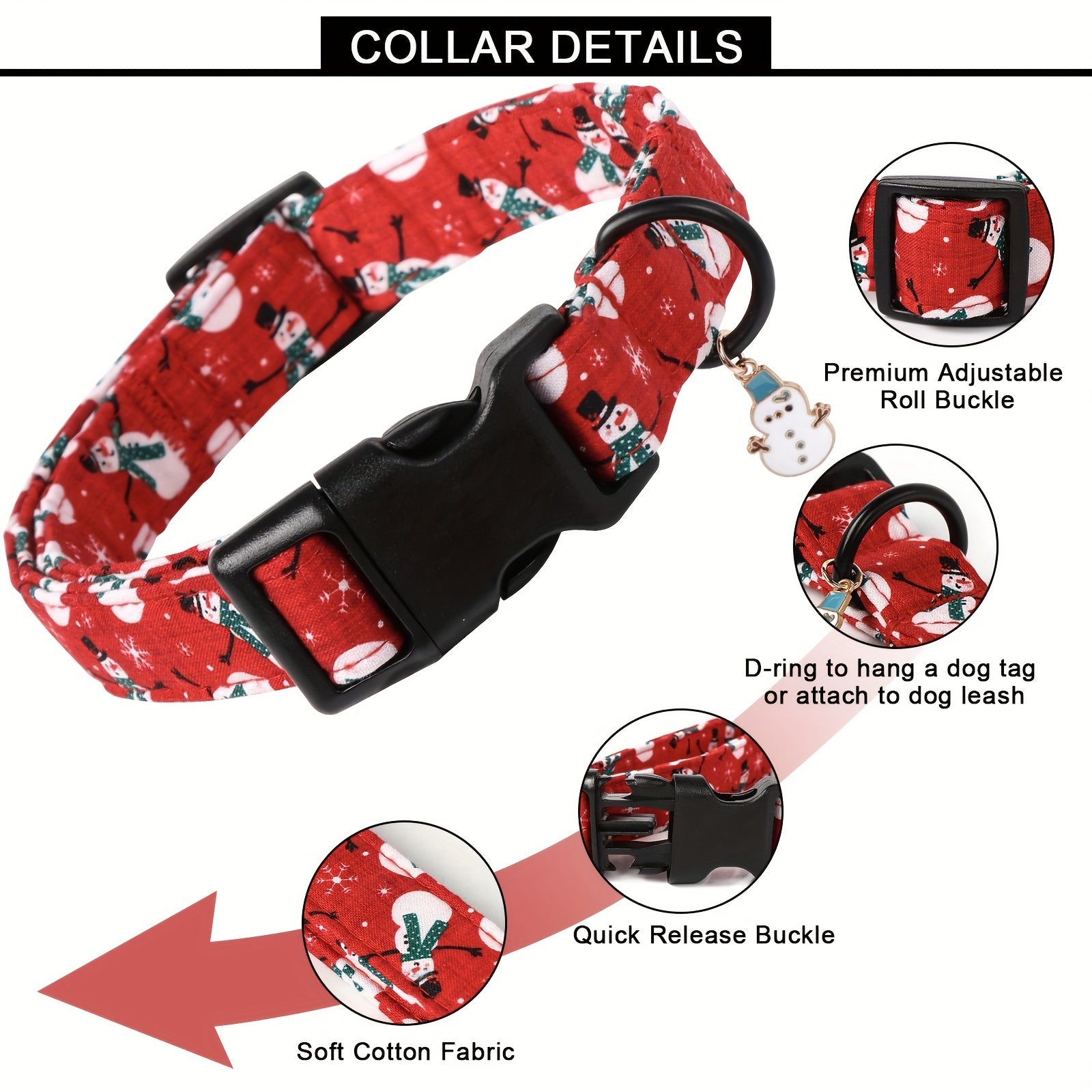 Festive Christmas Dog Collar with Santa & Snowman Prints - Adjustable, Soft Cotton Pet Collar for Small to Large Breeds - Includes D-Ring for Leash Attachment