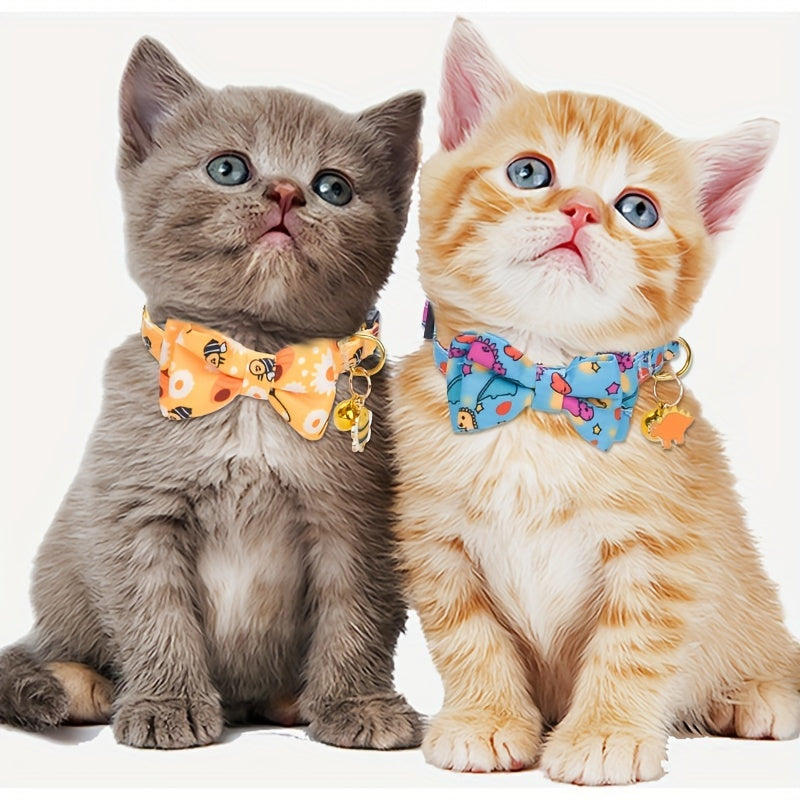 Adjustable Polyester Fiber Cat Collars with Animal Print, Bow Tie & Bell Pendant - CP627 Cute Pet Collar Set with Safety Buckle & Detachable Accessories