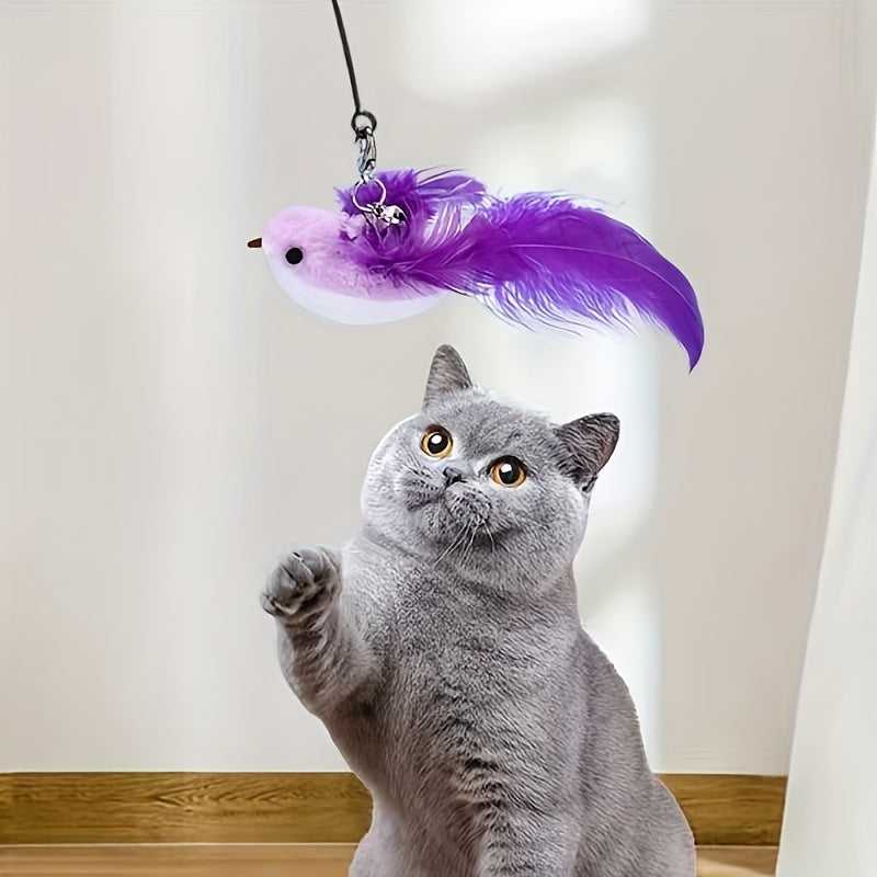 Colorful Feather Bird Cat Teaser Stick - Long Steel Wire Pole with Glue Suction Cup - Cute and Vivid Simulation Pet Toy for Self-Entertainment and Bite-Resistant Cat Supplies