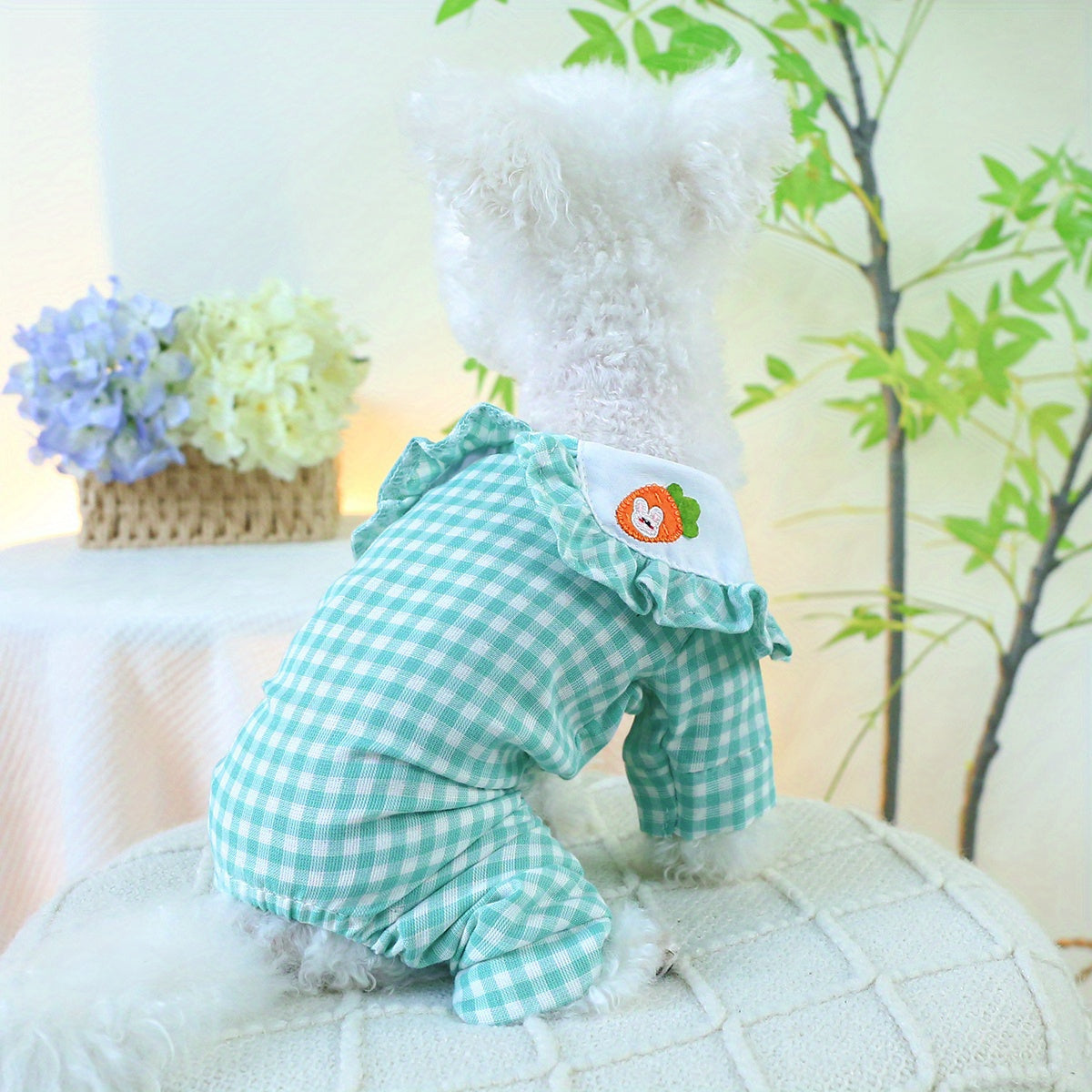 Cute Comfort, Adorable Carrot Rabbit Couple-Themed Green Plaid Jumpsuit for Small Dogs - Cozy Knit Pet Apparel for Spring & Autumn