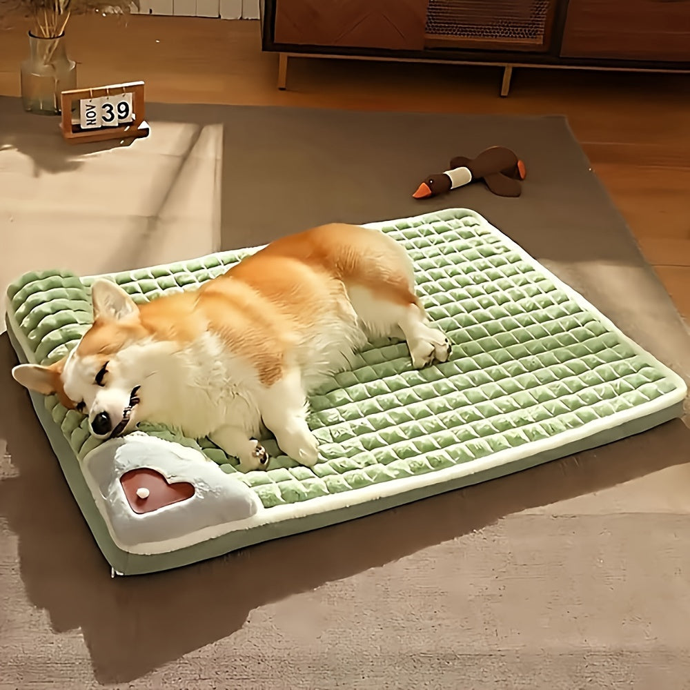Soft Plush Pet Bed with Neck Pillow & Anti-Slip Bottom - Cozy Sofa Sleeping Pad for Dogs & Cats of All Sizes, Washable Winter Warmth Kennel Mat, Light Green Quilted Design, 42.13" x 31.50, Indoor Pet Bed | Hightop Bolster Bed