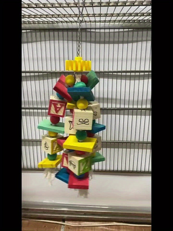 Wooden Bird Chewing Toy with Letter Blocks, Colorful Parrot Swing Hanging Toy, Durable Wood Material for Pet Birds