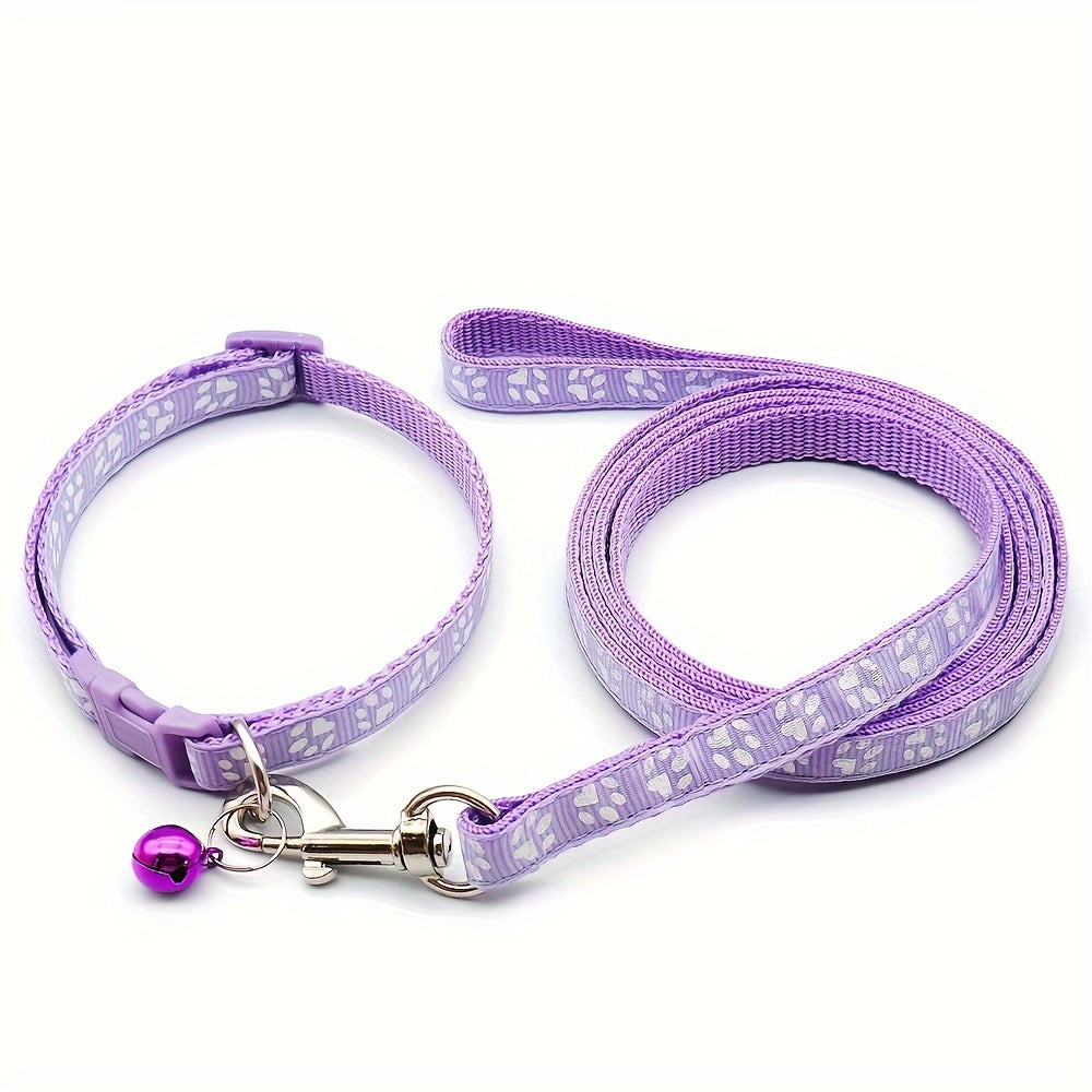 Cute Paw Pattern Nylon Dog Collar - Pet Dog Collar And Leash Set With Bell Long Dog Walking Leash