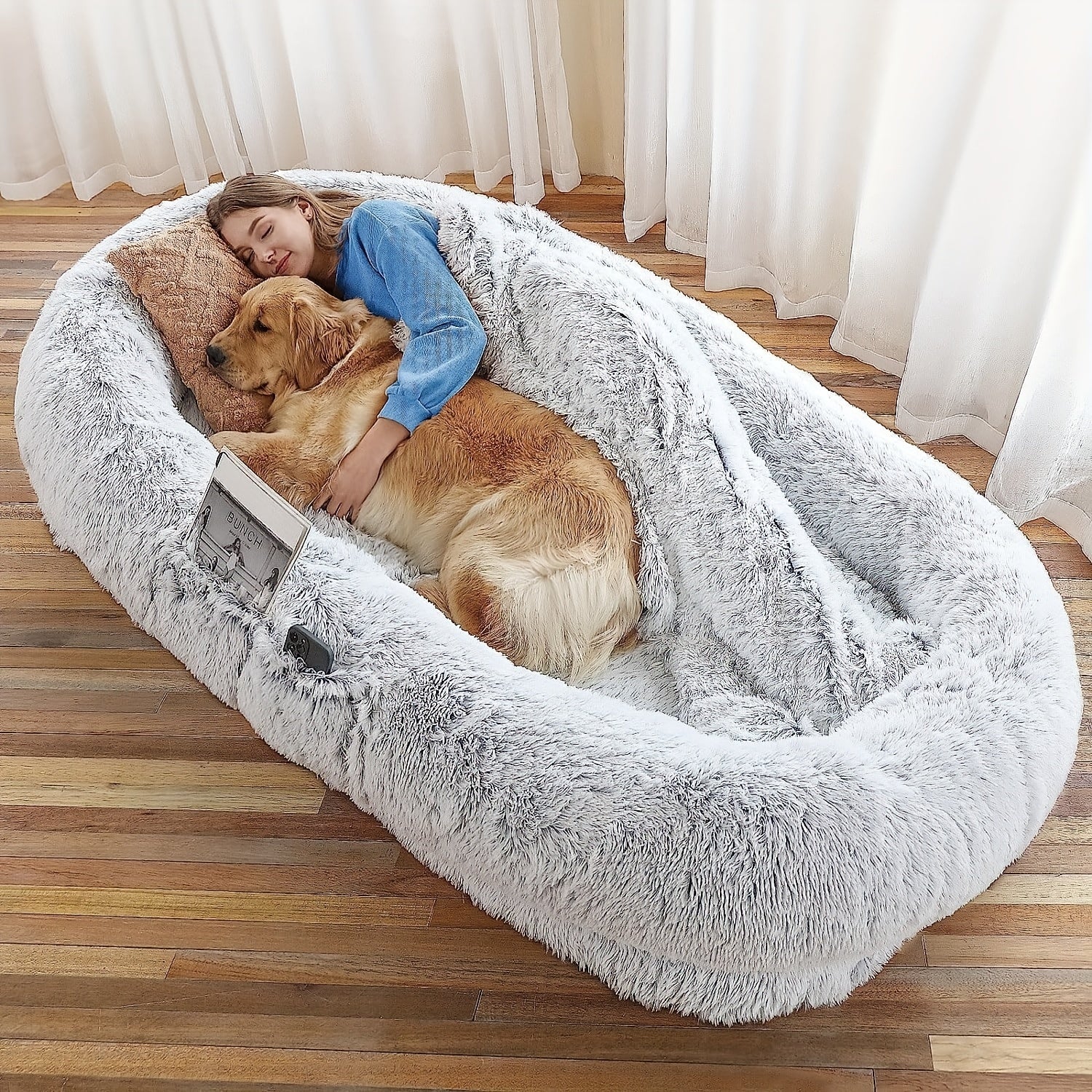 Extra Large Orthopedic Human & Dog Bed with Plush Pillow & Blanket - 71"x45"x12" Washable Faux Fur Pet Couch, Non-Slip Base, Removable Cover - Grey Bed for All Dog Breeds (Small/Medium/Large Dogs) & Cozy Napping Companion for