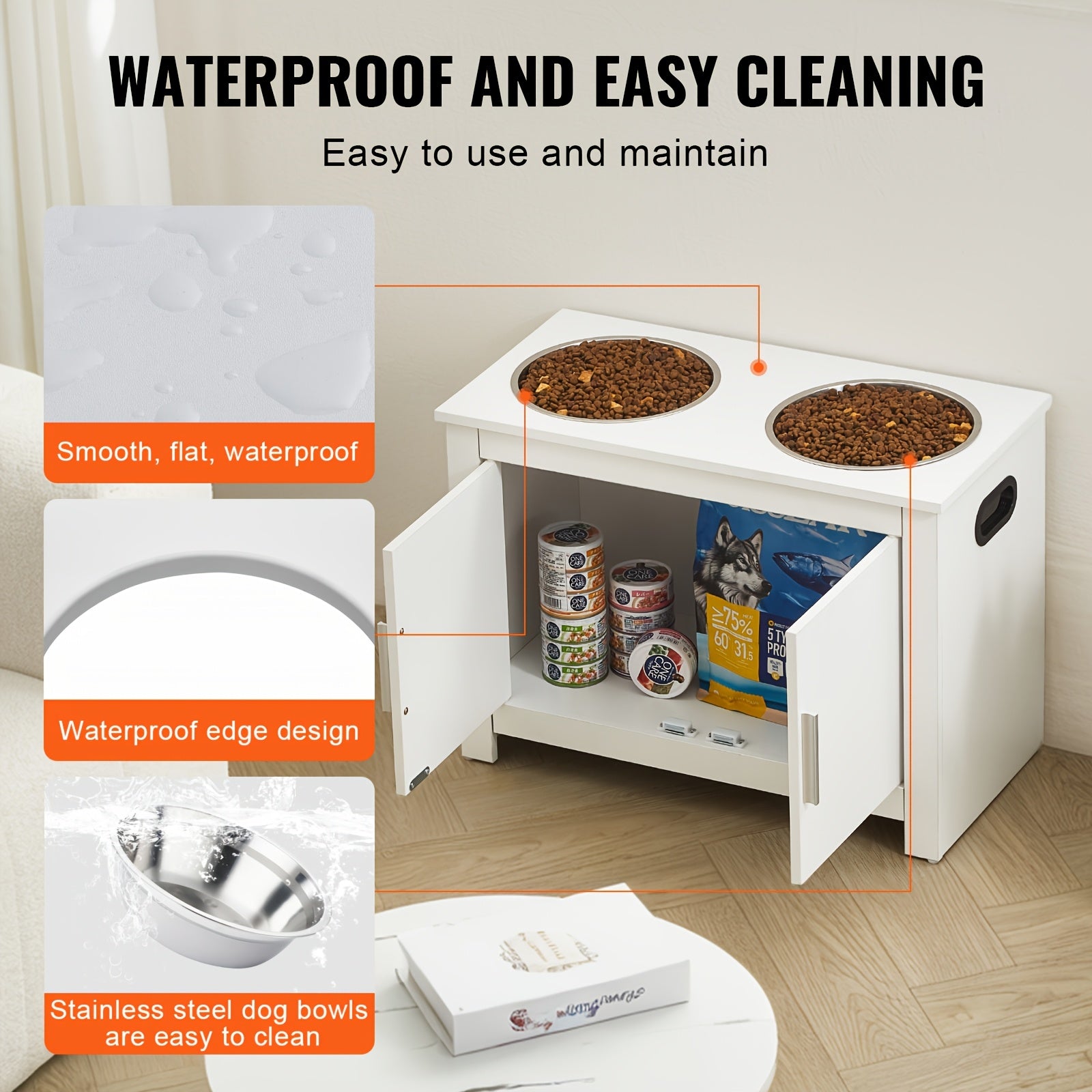 Happybuy Elevated Dog Feeding Station with 2 Stainless Steel Bowls & - Modern White Wood Pet Dispenser, Heavy-Duty Elevated /Water Dispenser for Large Breeds, Space-Saving Design for Home, Easy ssembly, Pet Feeding Station, R