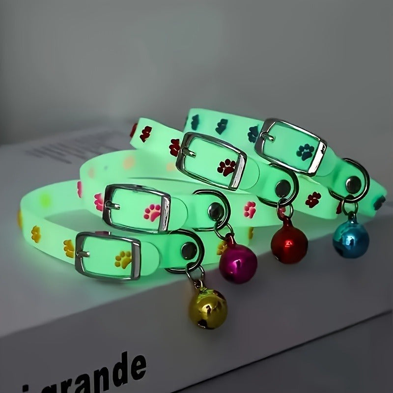 5-piece adjustable luminous pet collar with bell, animal pattern, rubber material, safety night-light cat collar set