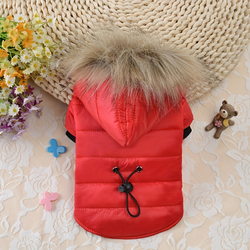Fashionable Dog Coat with Rabbit Fur Lining, Non-Waterproof Polyester Pet Jacket, with Detachable Fur Trim, Adjustable Waist, for Small and Toy Breeds, Ideal for Yorkie, Maltese, Bichon, Pomeranian, Chihuahua, Fall/Winter Pet