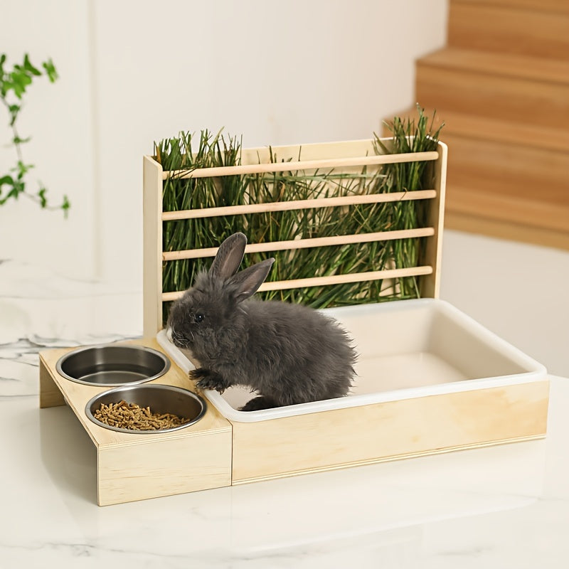 Small Pet Feeding Station with Hay Rack, Cat Litter Box & Dual Bowls - Ideal for Rabbits and Guinea Pigs