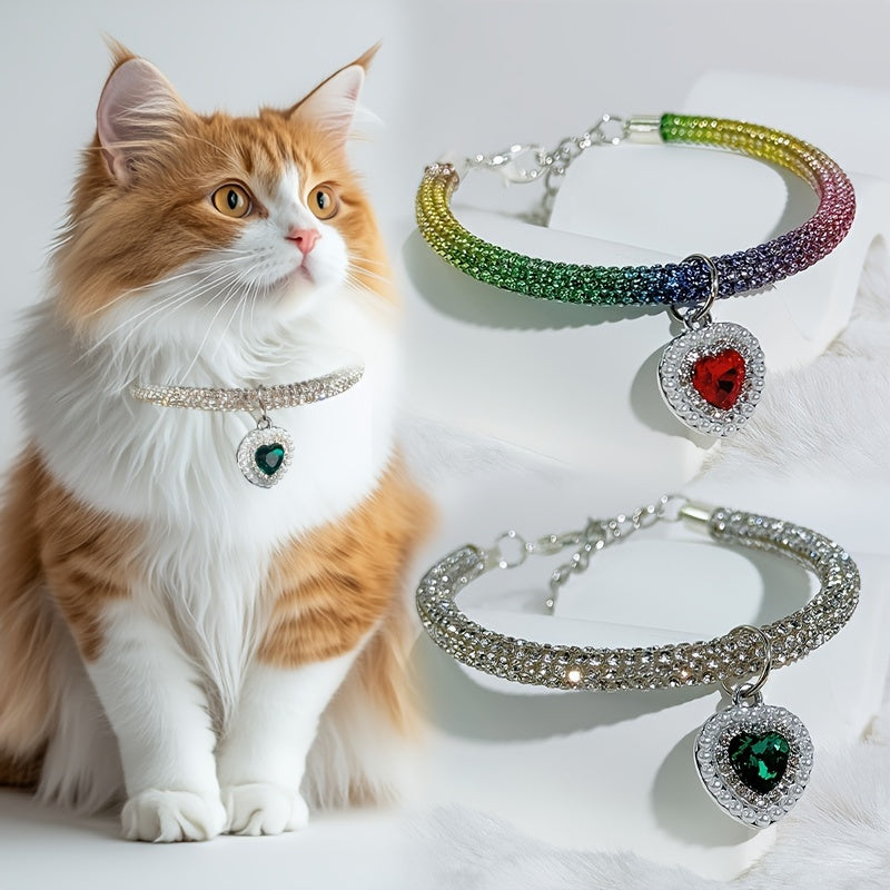 Sparkling Heart-Shaped Pearl Pendant Pet Collar - Adjustable, Rhinestone Accents for Cats & Dogs - Fashionable Valentine's Day Accessory