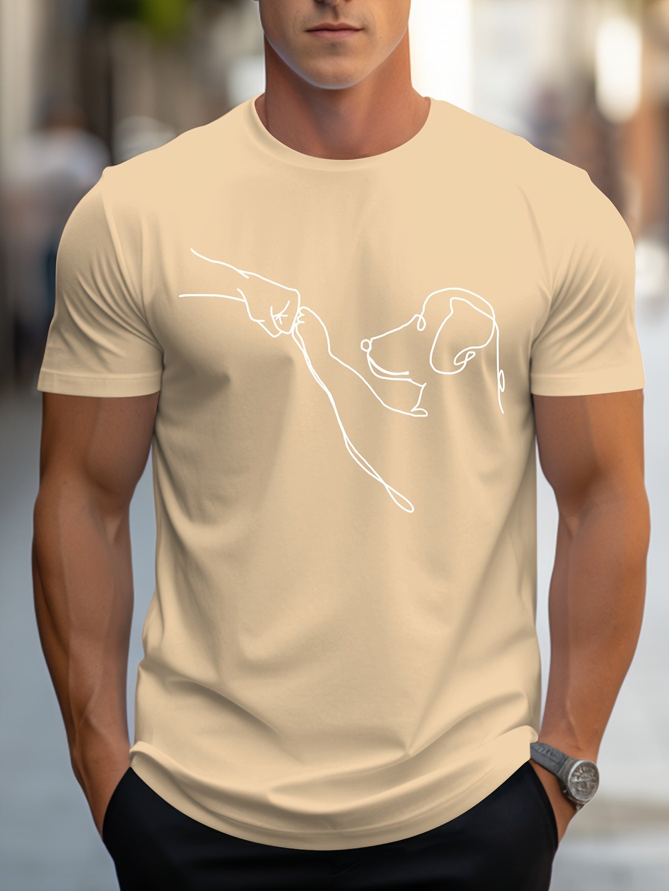 Men's Line Art Dog Print T-Shirt: Poop Scooper Exclusive! Super Cute Hand-Drawn Puppy Sketch, Minimalist Pet Interaction Design – Adorable Paw Print & Leash Graphic Tee