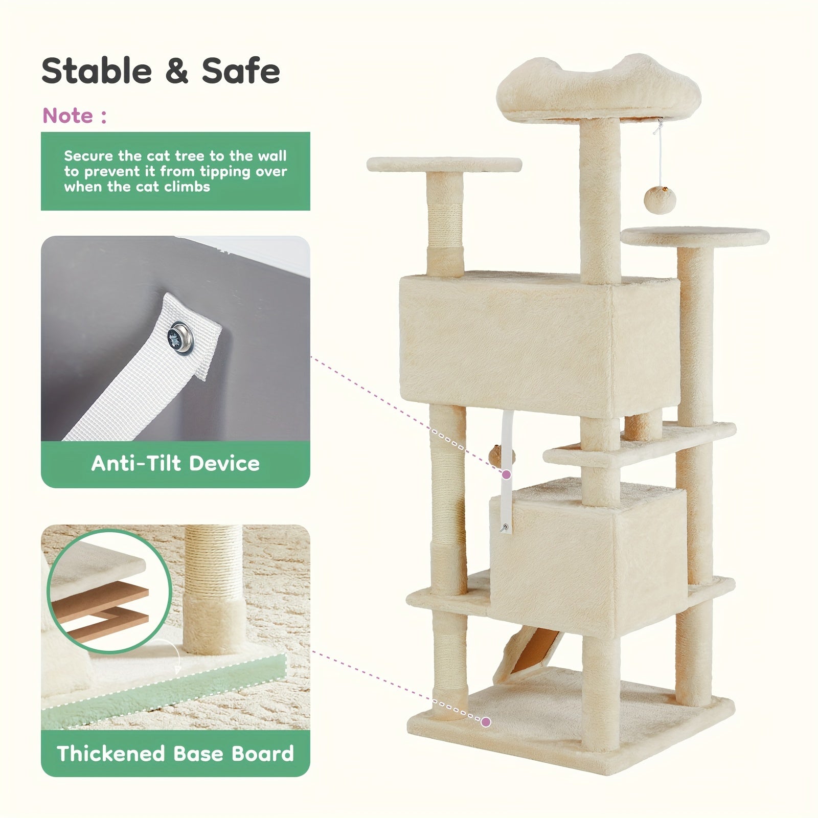 54in Cat Tree Tower for Indoor Cats, Multi-Level Pet Furniture, Kitty Play House with Sisal Scratching Post, Large Condo, Climbing Ladder, Plush Toy for Kitten, Beige and Gray