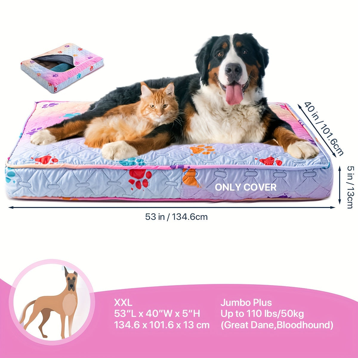1pc & Machine Washable Dog Bed, Anti-Leakage Removable Dark Gray Pet Bed Cover, Dog Bed Protector Rainbow Dog Paw Furniture Cover for Extra Large, Large, Medium, Small Dogs