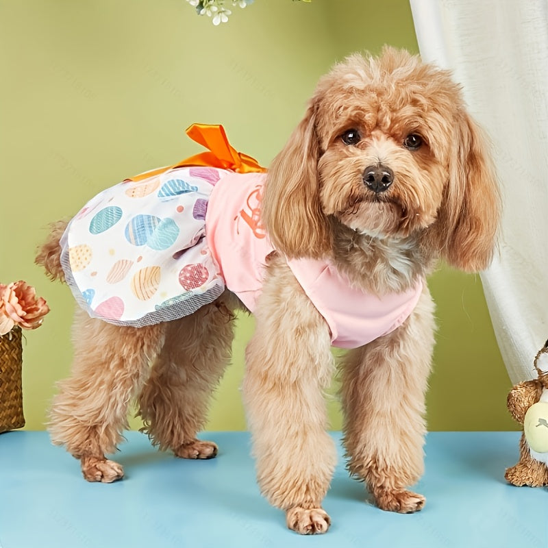 Easter Egg Dog Dress with Bowknot - Tulle Pet Apparel for Small to Medium Dogs, Knitted Polyester Puppy Costume for Spring/Summer