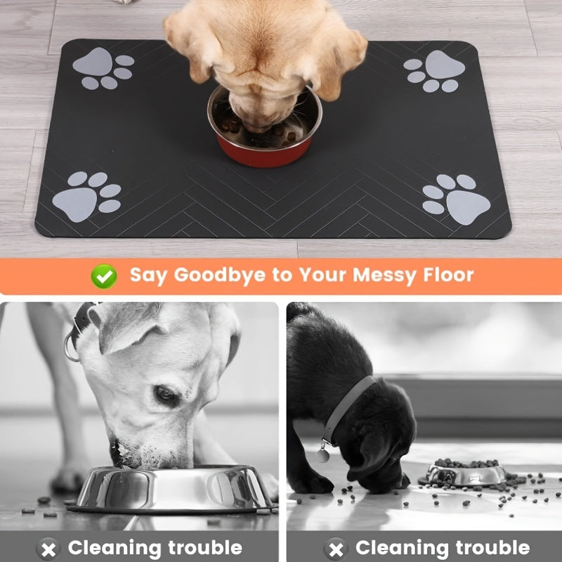 1pc Waterproof Pet Feeding Mat, Non-Slip & Absorbent Food Pad, Durable PU Material, Medium & Large Size, with Paw Print Design for Cats and Dogs