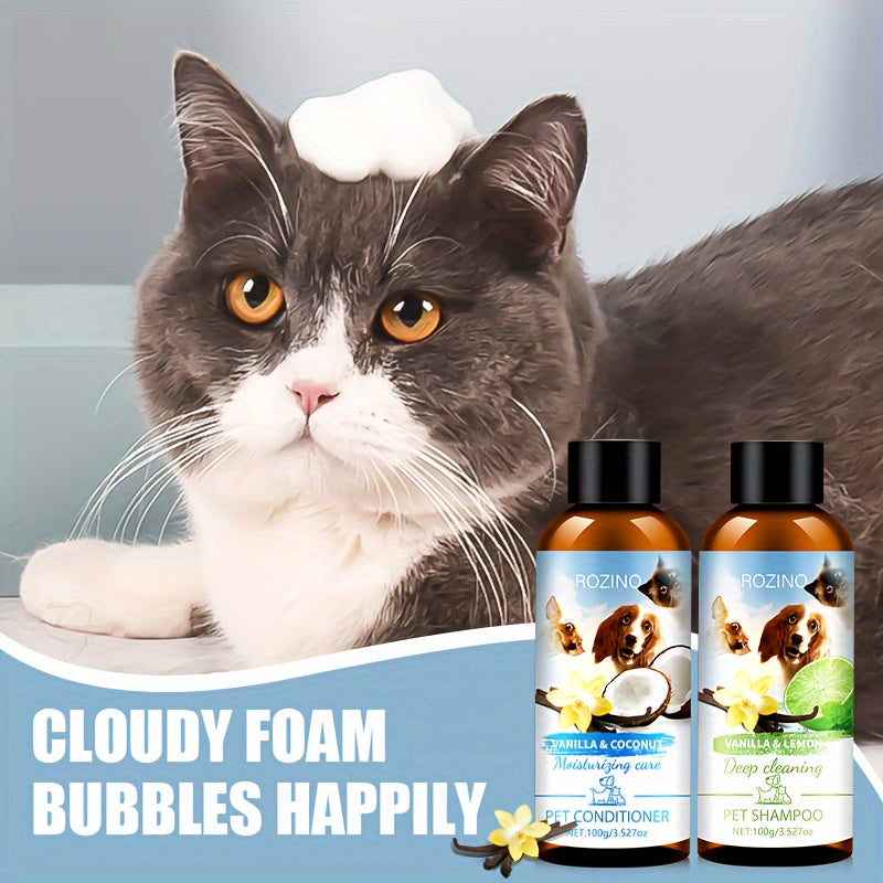 2pcs ROZINO Pet Grooming Set - Gentle, Deep Cleansing & Moisturizing Conditioner and Shampoo for All Dog Breeds (Vanilla & Coconut Milk, Lemon & Mint, 100ml Each)