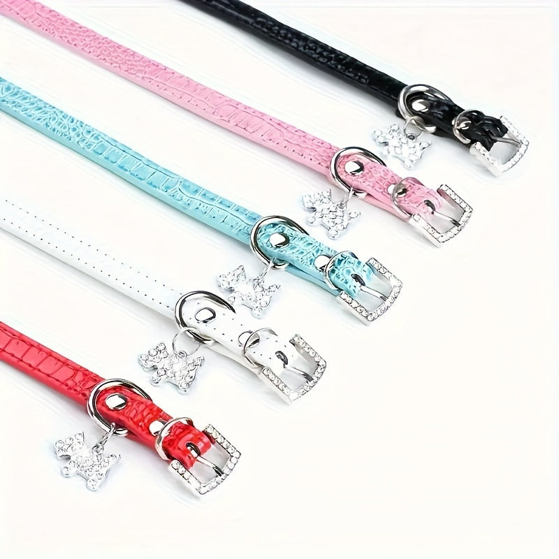 Adjustable Geometric Pattern Leather Pet Collar with Crystal Diamonds, Heart & Claw Pendant, Elastic Small Dog & Cat Necklace for Wedding Celebrations