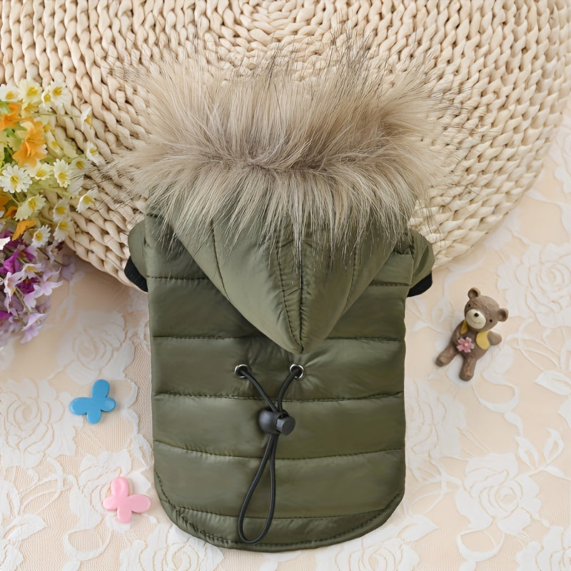 Fashionable Dog Coat with Rabbit Fur Lining, Non-Waterproof Polyester Pet Jacket, with Detachable Fur Trim, Adjustable Waist, for Small and Toy Breeds, Ideal for Yorkie, Maltese, Bichon, Pomeranian, Chihuahua, Fall/Winter Pet