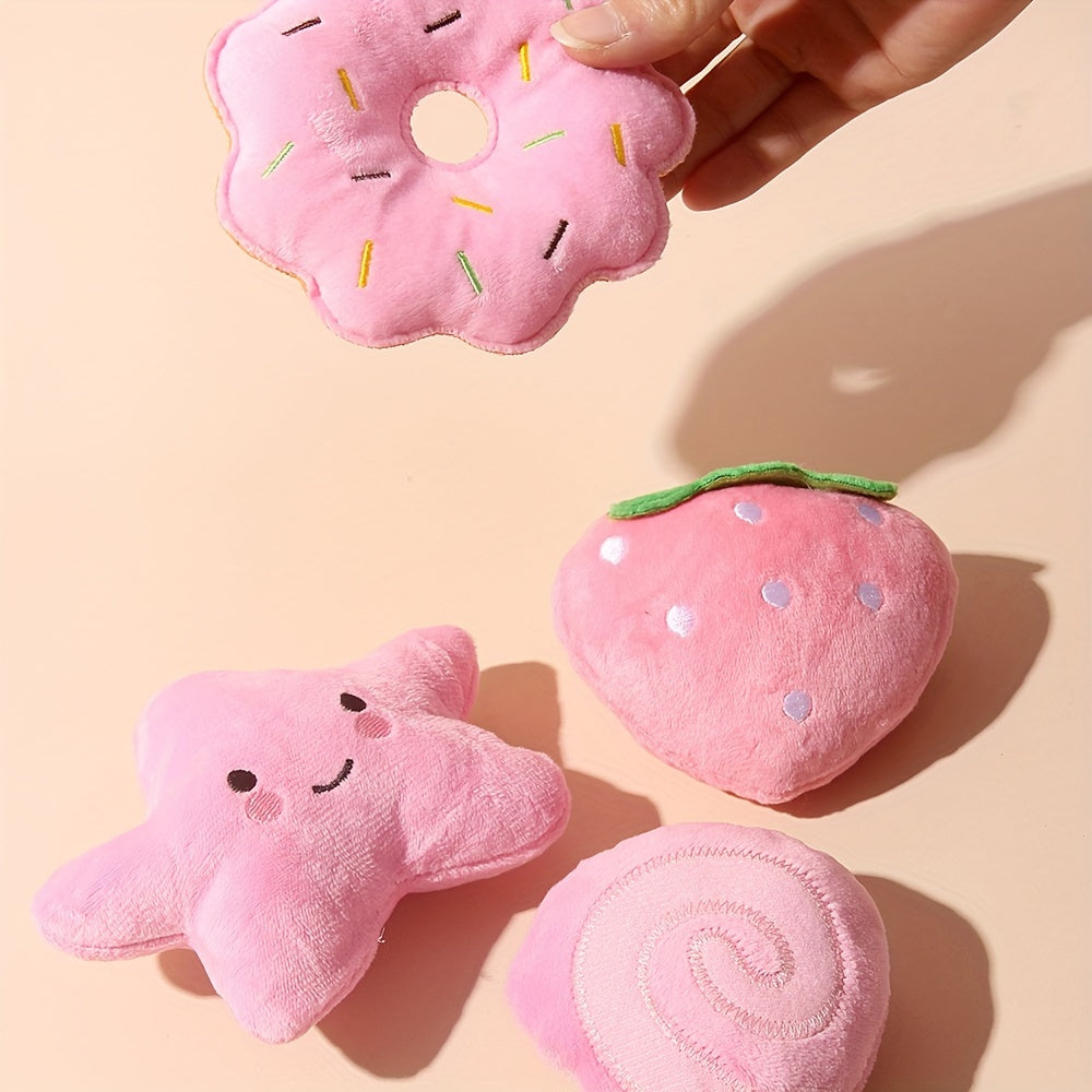 4pcs Fruit & Veggie Plush Squeaky Dog Toys - Strawberry, Lollipop, Star, Donut Designs - Soft Fabric Chew & Teething Toys for Small Breeds - Interactive Playtime Companions for Cats & Dogs, Pet Toys