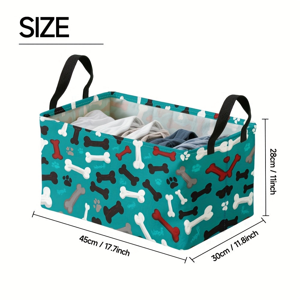 1pc Extra Large Teal Dog Paw Bones Pattern Storage Basket, Foldable Oxford Bin with Metal Frame, Ideal for Dirty Clothes & Fragrance Organization, Cologne Collection Display, Dresser Top Arrangement, Polyester Material, Pet A