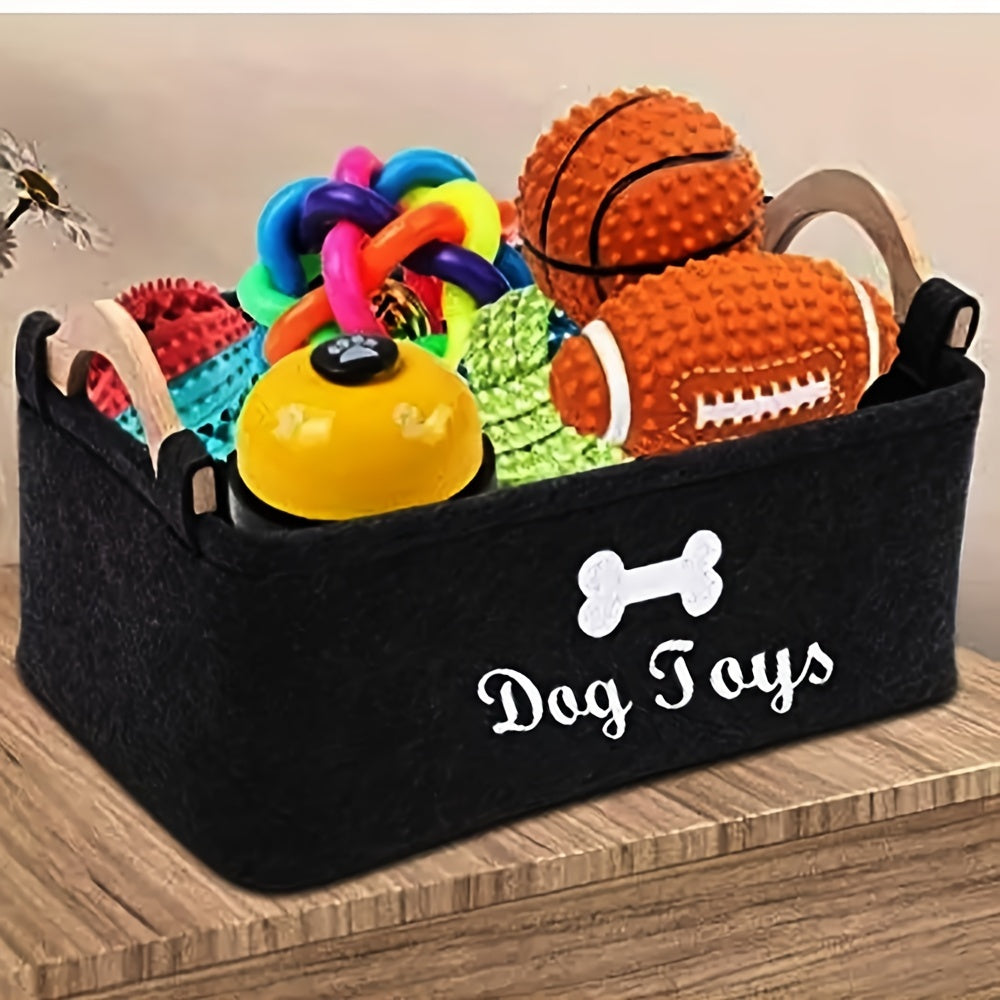 OPETEE Foldable Fabric Pet Toy Storage Basket Organizer with Bone Pattern & Wooden Handles - Spacious Easy-to-Clean Dog Toy Chest for Blankets, Leashes, Puppy Clothing - Dark Grey Clutter-Free Home Decor, Home Pet Organizer |