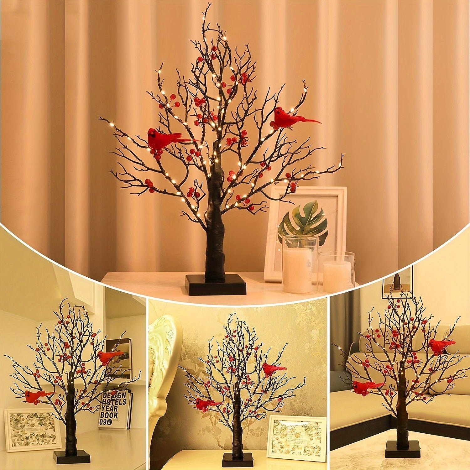 1 Elegant 21" LED-Lit Bonsai Tree with Red Birds & Black Artificial Birch - 60 Warm Yellow Lights, Perfect for Halloween, Thanksgiving, Christmas, Valentine's Decor - AA Battery Operated (Batteries Not Included)
