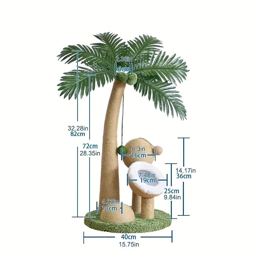 33 Inch Large Cat Scratching Post - Curved Palm Tree Design with Sisal Scratching Posts, 3 Interactive Balls & Dangling Toy, Sturdy Base & Anti-Topple for Climbing, Napping, Indoor Cats, Feline Enrichment, Playful Pet Furnitu