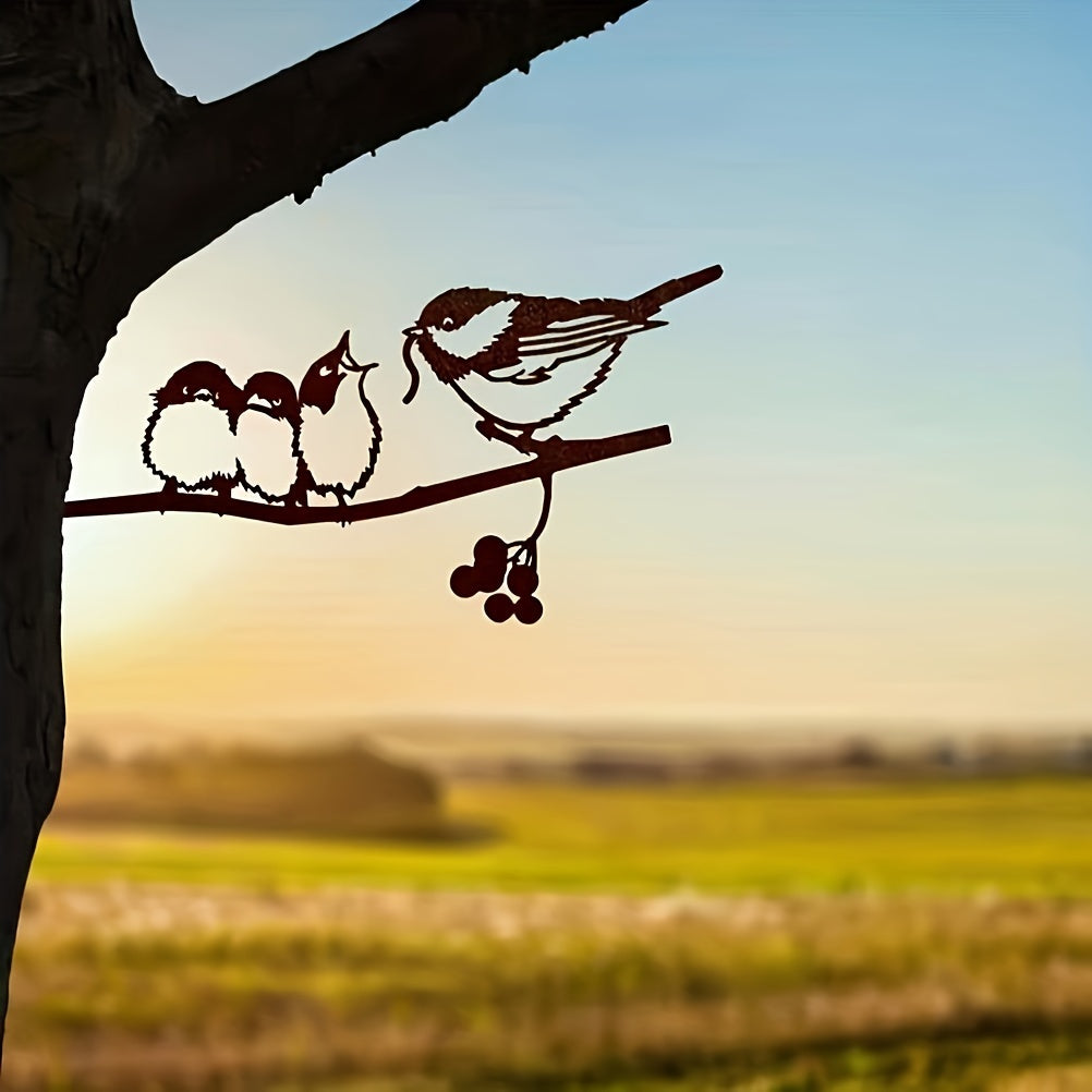 1pc Delightful Birds Silhouette Metal Decoration - Rustic Farmhouse Garden Accent, Feeding Bird Animal Stump Ornament, Durable Outdoor Decorative Art, Holiday Seasonal Decoration for Eid Al-Adha Mubarak and Beyond