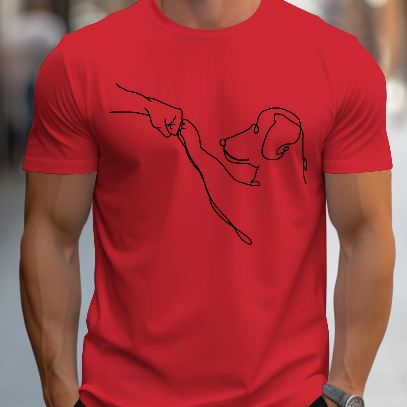 Men's Line Art Dog Print T-Shirt: Poop Scooper Exclusive! Super Cute Hand-Drawn Puppy Sketch, Minimalist Pet Interaction Design – Adorable Paw Print & Leash Graphic Tee