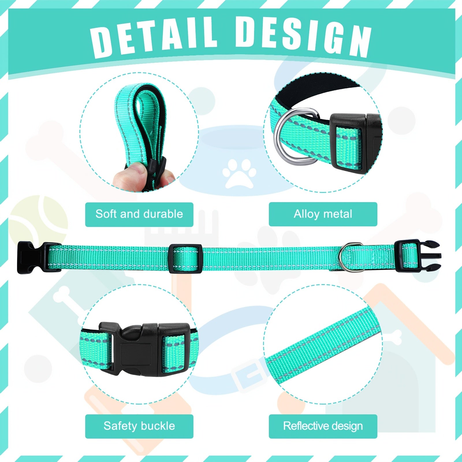 Outus 6-Pack Reflective Dog Collars, Cushioned Breathable Polyamide, Adjustable Safety Buckle, Pet Accessories for Small Dogs, Cats - Assorted Colors