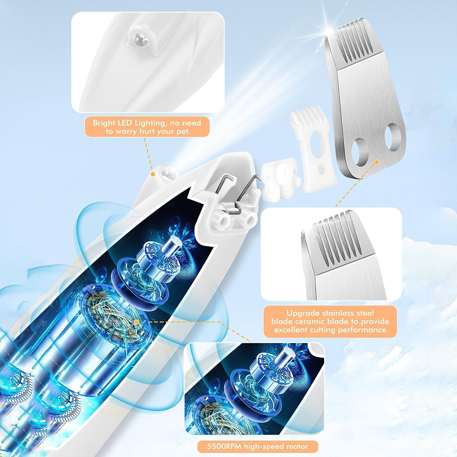 Rechargeable Pet Grooming Clipper with LED Light - USB Charged, Lithium Battery Powered for Dogs & Cats