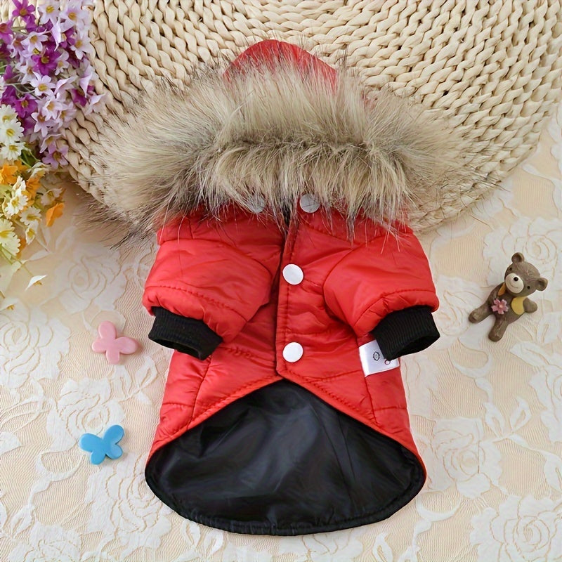 Fashionable Dog Coat with Rabbit Fur Lining, Non-Waterproof Polyester Pet Jacket, with Detachable Fur Trim, Adjustable Waist, for Small and Toy Breeds, Ideal for Yorkie, Maltese, Bichon, Pomeranian, Chihuahua, Fall/Winter Pet