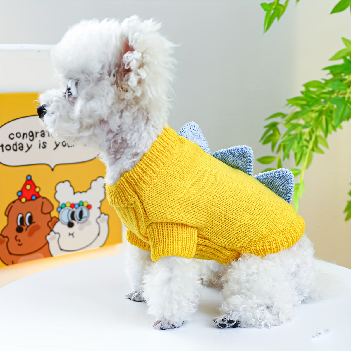 Small Breed Dinosaur Costume Dog Sweater - Yellow Acrylic Knit Pullover for Teddy, Pomeranian, Bichon, Poodle - Warm Autumn and Winter Pet Apparel