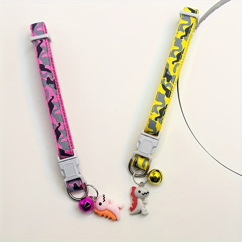 GEKTIMER Adjustable Camo Print Pet Collar with Bell and Cute Dinosaur Charm, Soft Padded Comfortable Design, Ideal Fashion Accessory for Cats, Kittens, and Small Dogs, Polyester Material in Cute Style