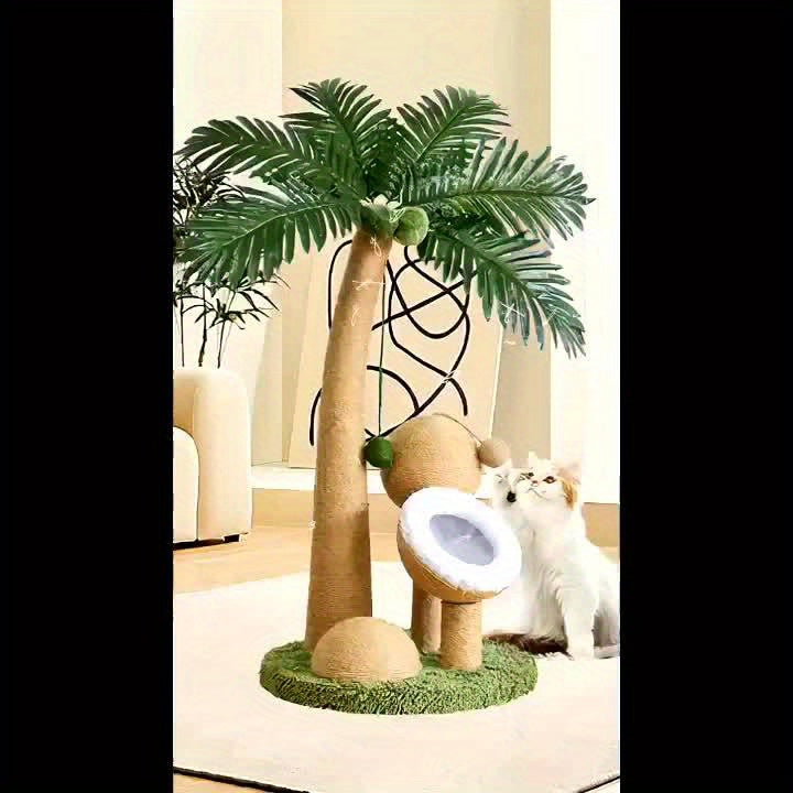 33 Inch Large Cat Scratching Post - Curved Palm Tree Design with Sisal Scratching Posts, 3 Interactive Balls & Dangling Toy, Sturdy Base & Anti-Topple for Climbing, Napping, Indoor Cats, Feline Enrichment, Playful Pet Furnitu