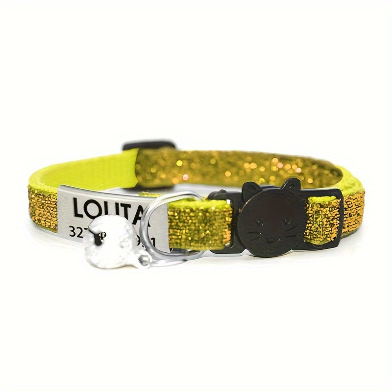 Personalized Bling Cat Collar With Nameplate, Glitter Cat Collar With ID Tag Pendant And Bell, Cute Customized Pet Collar ID Name Pendant Tags For Kittens And Puppy Dogs, Engraved Cat Decoration