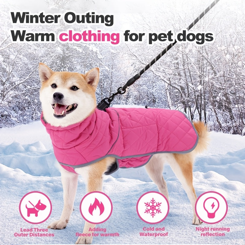 Waterproof Reflective Pink Fleece-Lined Dog Coat - Adjustable Cold-Resistant Pet Apparel with Leash Attachment - Ideal for All Breeds