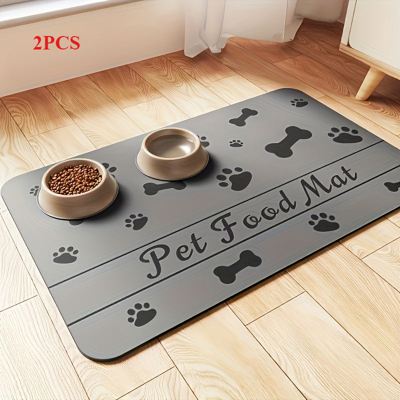 2pcs Quick-Dry & Absorbent Pet Feeding Mats with Non-Slip Rubber Backing - Diatomite Material, Gray with Paw Prints & Bone Design, Ideal for Dog & Cat Food and Water Bowls, Dog Food Mat