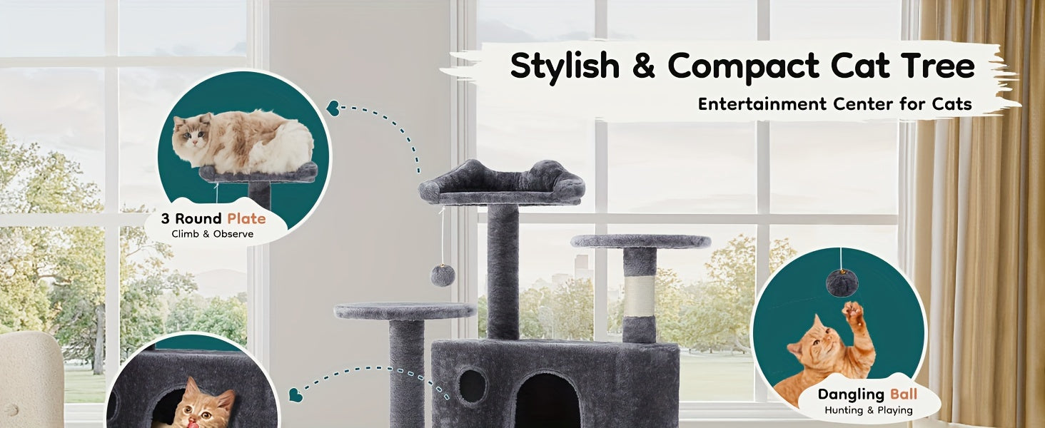 54in Tall Multi-Level Cat Tree Tower for Indoor Cats, Kitty Play House with Sisal Scratching Post, Large Condo, Climbing Ladder, Pet Furniture, Plush Toy for Kitten