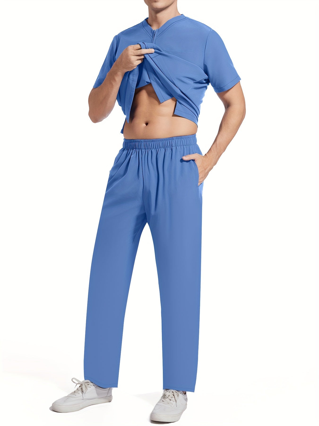 Men's Short Sleeve Summer Work Wear Set, Lab Coat, Pet Grooming Uniform, Breathable V-neck Top With Pockets And Long Pants Outfit
